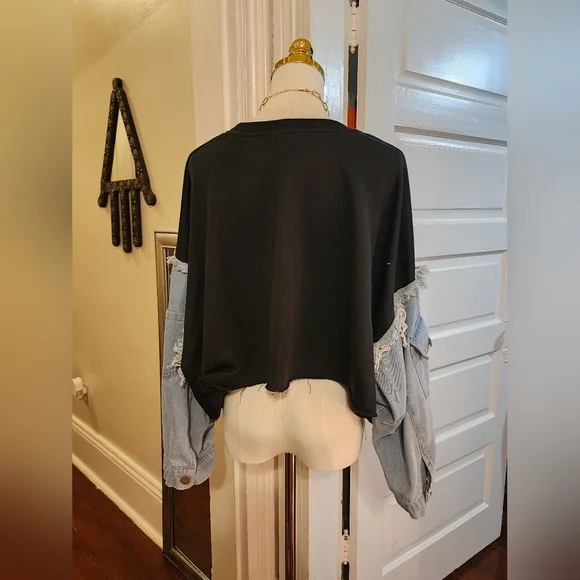 JW&NW Black Graphic Crop Top with Denim Sleeves Upcycle OOAK, Size Large - Picture 4 of 9